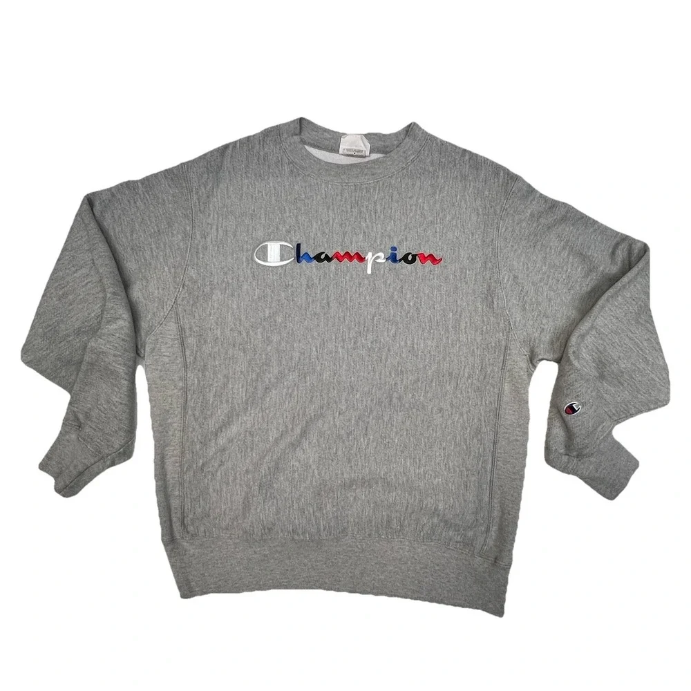 CHAMPION Reverse Weave Medium Gray Pullover Sweatshirt Embroidered Logo Y2K